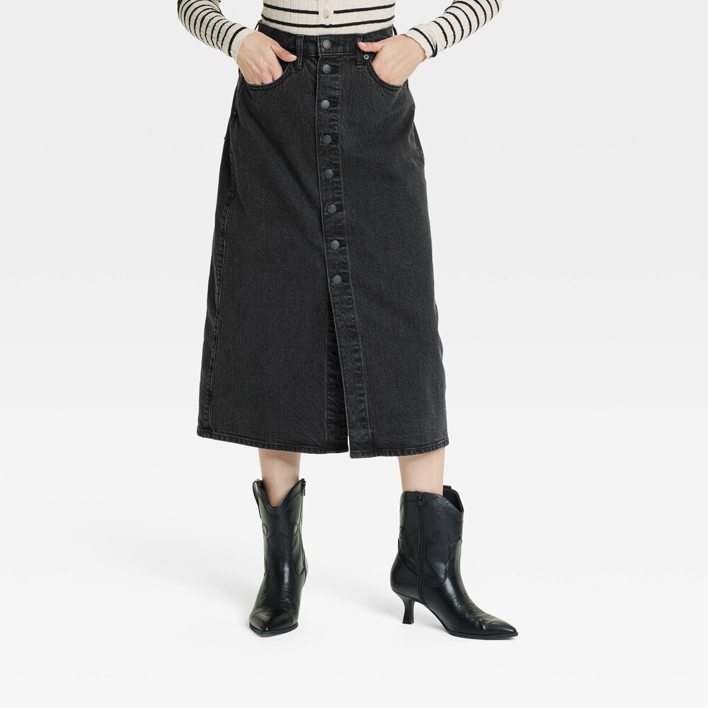 A-line Midi Denim Skirt - Black 2
